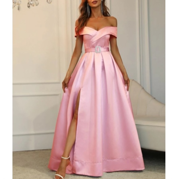Luxe off shoulder slit party formal evening dress